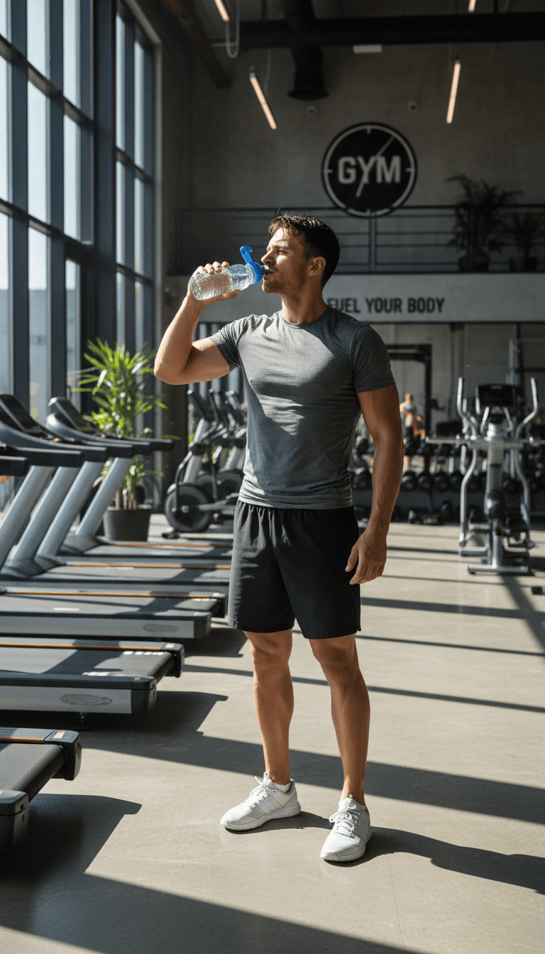 Active person with water bottle in modern fitness setting