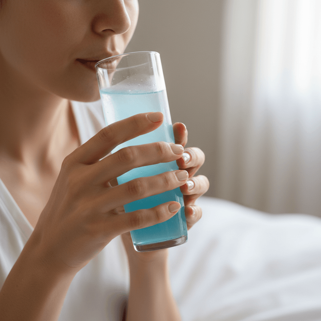 Person holding a glass of AquaFit energy drink in a modern kitchen setting