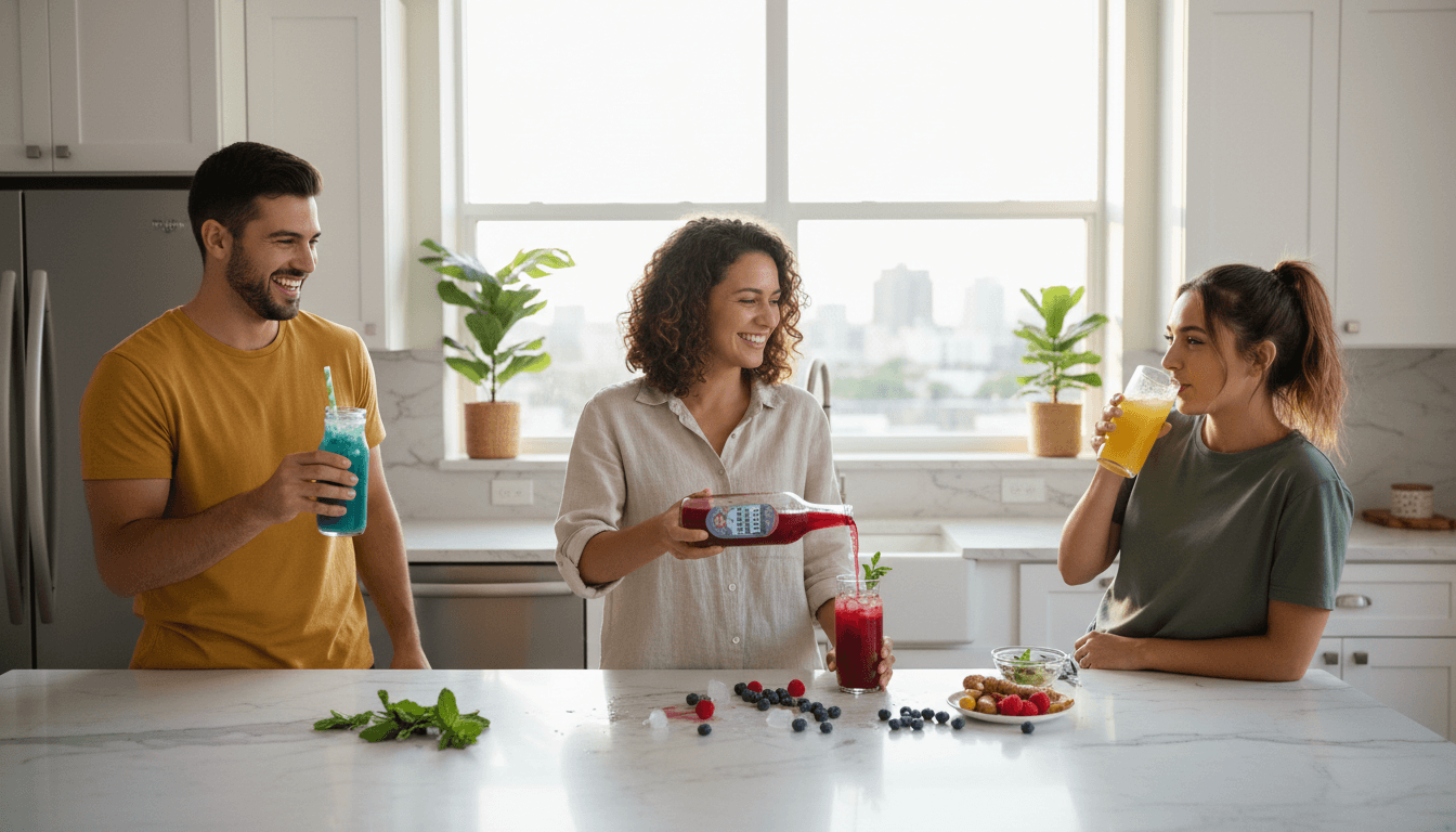 Person holding a refreshing aqua-colored energy supplement drink in a bright modern kitchen