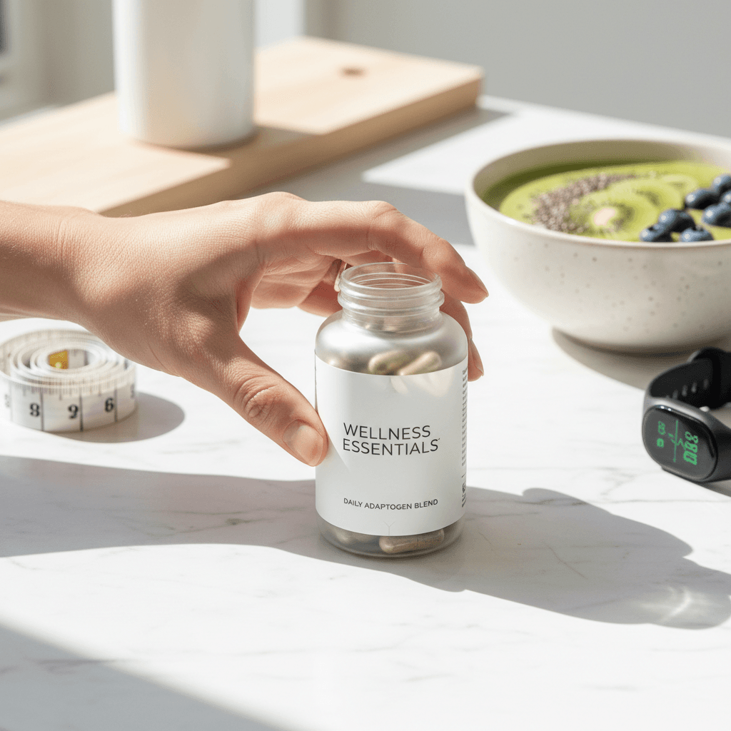 AquaFit supplement bottle displayed on a clean modern desk with natural sunlight