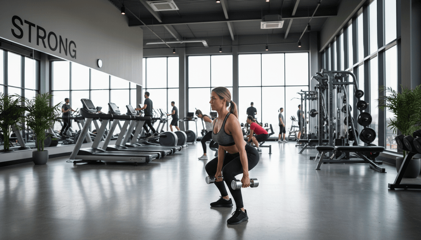 Diverse gym members actively training with dumbbells and equipment in bright, modern fitness center with natural window lighting