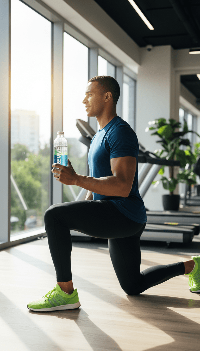 Person with energy drink in bright fitness environment