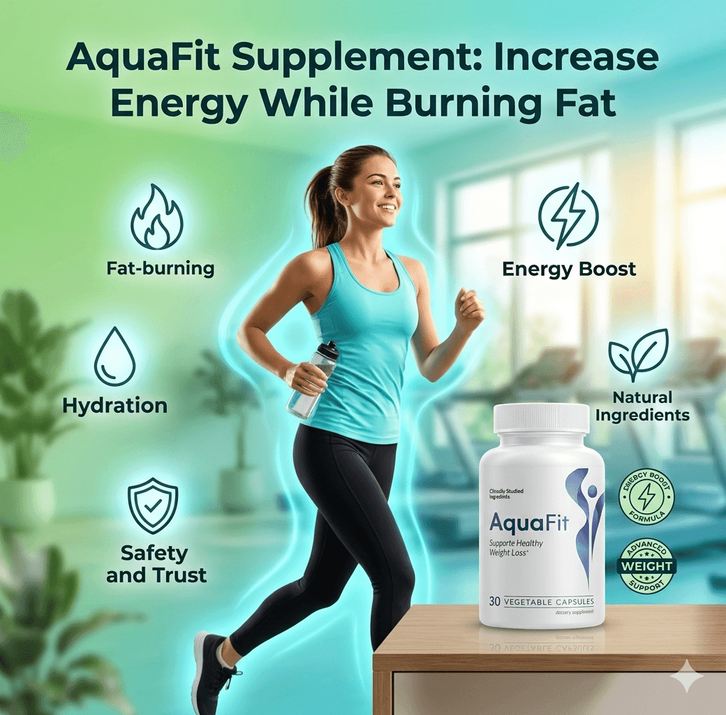 Woman jogging in a gym near AquaFit supplement bottle with energy and fat-burning icons.